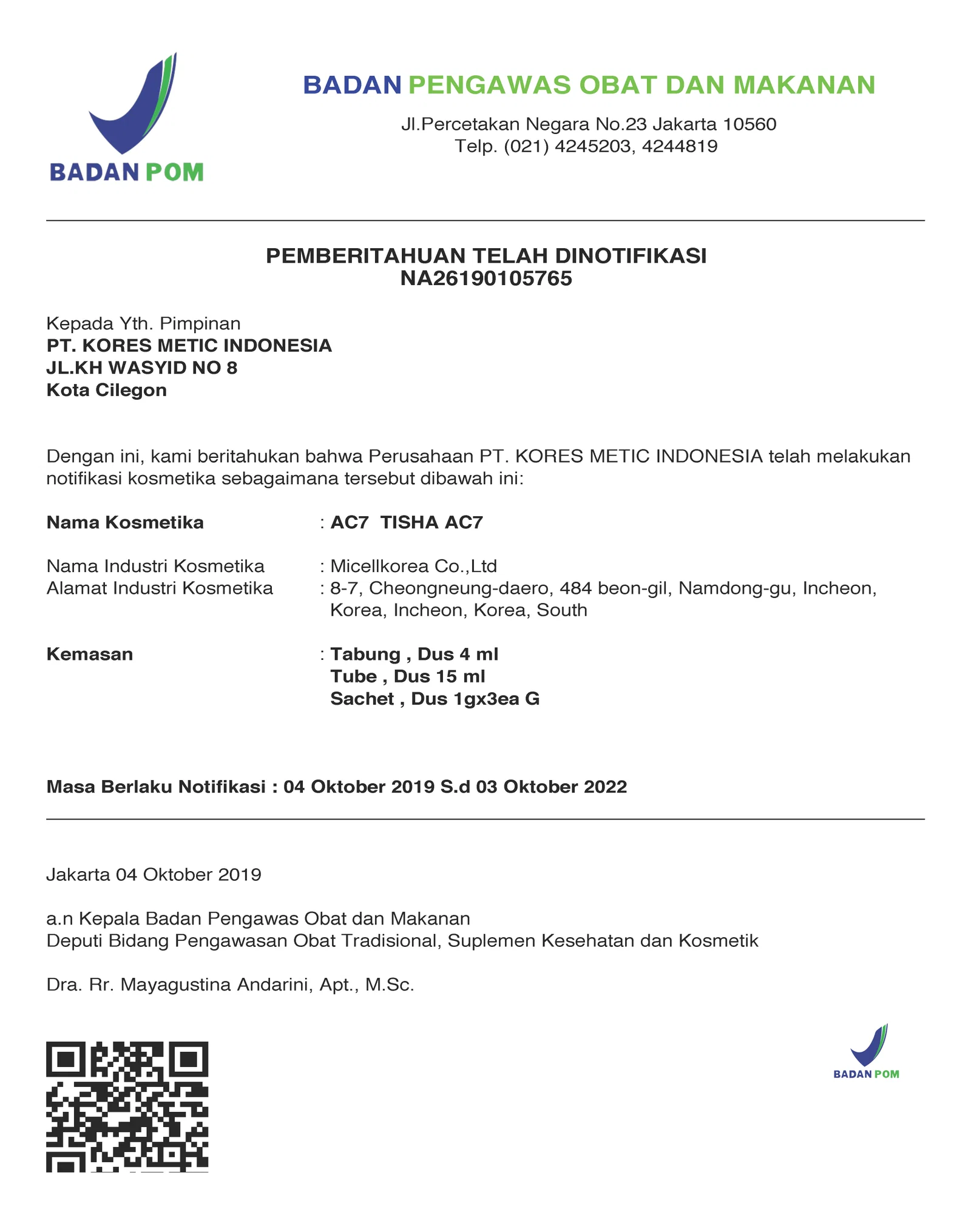 INDONESIA FDA RESISTRATION (TISHA AC7 BPOM)